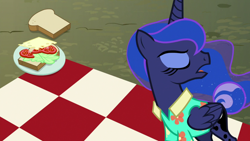 Size: 1920x1080 | Tagged: safe, screencap, character:princess luna, episode:between dark and dawn, g4, my little pony: friendship is magic, food, herbivore, picnic blanket, sandwich, solo, vegetarian
