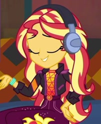 Size: 460x566 | Tagged: safe, screencap, character:sunset shimmer, my little pony:equestria girls, clothing, couch, cropped, eyes closed, headphones, smiling, solo