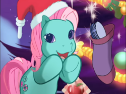 Size: 774x577 | Tagged: safe, screencap, character:minty, species:pony, episode:a very minty christmas, g3, christmas, christmas tree, clothing, cute, g3betes, hat, holiday, mane brush, mintabetes, ornament, santa hat, smiling, sock, tree, weapons-grade cute