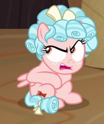 Size: 544x648 | Tagged: safe, screencap, character:cozy glow, species:pegasus, species:pony, episode:the summer sun setback, g4, my little pony: friendship is magic, bow, cozy glow is best facemaker, cozy glow is not amused, cropped, female, filly, foal, freckles, hair bow, open mouth, sitting, solo, squatting, tail bow