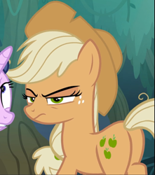 Size: 831x938 | Tagged: safe, screencap, character:mean applejack, species:pony, episode:the mean 6, g4, my little pony: friendship is magic, clone, cropped, glare, implied starlight glimmer, narrowed eyes, offscreen character, plot, solo focus