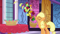 Size: 1920x1080 | Tagged: safe, screencap, character:applejack, species:earth pony, species:pony, episode:between dark and dawn, g4, my little pony: friendship is magic, apple, banana, basket, eyes closed, female, food, freckles, grapes, mare, mouth hold, orange, pineapple, solo