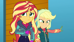 Size: 1920x1080 | Tagged: safe, screencap, character:applejack, character:sunset shimmer, equestria girls:holidays unwrapped, g4, my little pony:equestria girls, clothing, duo, duo female, female, gloves, jacket, self-storage facility, sweater, turtleneck, vest, winter break-in, winter jacket, winter outfit