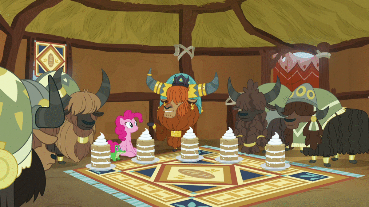 Size: 1200x675 | Tagged: safe, screencap, character:gummy, character:pinkie pie, character:prince rutherford, species:earth pony, species:pony, species:yak, episode:not asking for trouble, g4, my little pony: friendship is magic, alligator, animated, cake, cloven hooves, comparison, eating hut, female, food, gif, hay bed, hut, male, mare, music hut, phonograph, rug, sleeping hut, yakyakistan