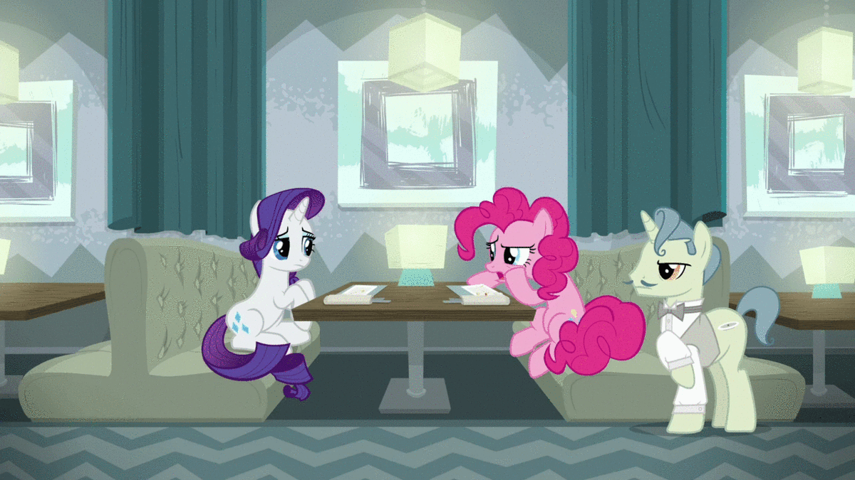 Size: 1200x675 | Tagged: safe, screencap, character:pinkie pie, character:rarity, species:earth pony, species:pony, species:unicorn, episode:spice up your life, g4, my little pony: friendship is magic, animated, background pony, comparison, female, gif, male, mare, restaurant, stallion, textiles, unnamed pony, waiter