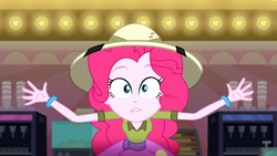 Size: 1920x1080 | Tagged: safe, screencap, character:pinkie pie, episode:the canterlot movie club, eqg summertime shorts, g4, my little pony:equestria girls, arms wide open, cinema, clothing, female, hat, lip bite, pith helmet, soda machine, solo, worried