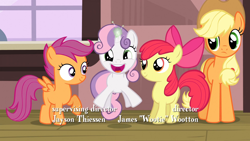 Size: 1920x1080 | Tagged: safe, screencap, character:apple bloom, character:applejack, character:scootaloo, character:sweetie belle, species:earth pony, species:pegasus, species:pony, species:unicorn, episode:one bad apple, g4, my little pony: friendship is magic, cute, cutie mark crusaders, diasweetes, female, filly, happy, mare, train station