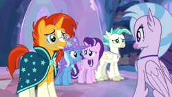 Size: 1920x1080 | Tagged: safe, screencap, character:silverstream, character:starlight glimmer, character:sunburst, character:terramar, character:trixie, species:classical hippogriff, species:hippogriff, species:pony, species:unicorn, episode:student counsel, female, male, mare, quadrupedal, stallion, treehouse of harmony