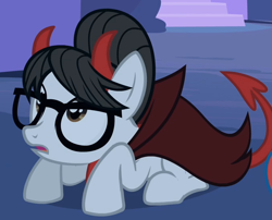 Size: 676x546 | Tagged: safe, screencap, character:raven inkwell, species:pony, species:unicorn, episode:luna eclipsed, g4, my little pony: friendship is magic, clothing, costume, demon, devil costume, devil horns, female, glasses, mare, nightmare night, nightmare night costume, scared, solo