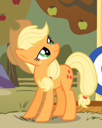 Size: 626x781 | Tagged: safe, screencap, character:applejack, species:earth pony, species:pony, episode:fall weather friends, g4, my little pony: friendship is magic, :t, cropped, female, freckles, lidded eyes, looking up, mare, smiling, smug, smugjack, solo