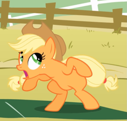 Size: 657x626 | Tagged: safe, screencap, character:applejack, species:earth pony, species:pony, episode:fall weather friends, g4, my little pony: friendship is magic, bipedal, cropped, crouching, female, freckles, looking up, mare, open mouth, solo
