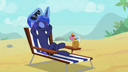 Size: 1920x1080 | Tagged: safe, screencap, character:princess luna, species:alicorn, species:pony, episode:between dark and dawn, g4, my little pony: friendship is magic, alternate hairstyle, beach, beach chair, coconut drink, crossed hooves, crossed legs, eyes closed, eyeshadow, female, glowing horn, hair bun, hooves behind head, horn, levitation, magic, magic aura, makeup, mare, open mouth, reclining, relaxing, satisfied, sexy, solo, stupid sexy princess luna, sunglasses, telekinesis, vacation, we don't normally wear clothes