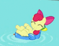 Size: 190x148 | Tagged: safe, screencap, character:apple bloom, species:earth pony, species:pony, episode:twilight time, g4, my little pony: friendship is magic, adorable face, adorabloom, bow, cropped, cute, happy, on back, picture for breezies, pool toy, smiling, solo, swimming pool, water