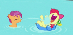 Size: 306x146 | Tagged: safe, screencap, character:apple bloom, character:scootaloo, species:pegasus, species:pony, episode:twilight time, g4, my little pony: friendship is magic, above, adorable face, adorabloom, blasting, bow, cute, laughing, on back, pool toy, spitting, swimming, swimming pool, water, wet mane