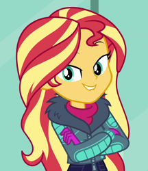 Size: 882x1022 | Tagged: safe, screencap, character:sunset shimmer, equestria girls:holidays unwrapped, g4, my little pony:equestria girls, clothing, cropped, crossed arms, cute, female, gloves, jacket, lip bite, looking at you, she knows, shimmerbetes, smiling, sweater, turtleneck, winter break-in, winter jacket, winter outfit