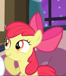 Size: 751x856 | Tagged: safe, screencap, character:apple bloom, species:earth pony, species:pony, episode:apple family reunion, g4, my little pony: friendship is magic, :t, bow, cropped, female, filly, hair bow, offscreen character, raised hoof, scrunchy face, smiling, solo, solo focus
