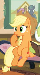 Size: 427x804 | Tagged: safe, screencap, character:applejack, character:granny smith, species:earth pony, species:pony, episode:apple family reunion, g4, my little pony: friendship is magic, belly, cropped, female, freckles, mare, offscreen character, sitting, solo, thinking