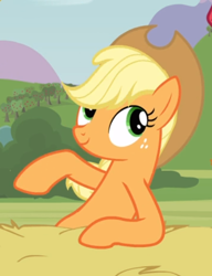 Size: 462x601 | Tagged: safe, screencap, character:applejack, species:earth pony, species:pony, episode:apple family reunion, g4, my little pony: friendship is magic, cropped, cute, female, freckles, jackabetes, mare, raised hoof, smiling, solo