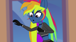 Size: 4321x2409 | Tagged: safe, artist:galacticflashd, derpibooru original, screencap, character:evil pie hater dash, character:rainbow dash, episode:secrets and pies, g4, my little pony: friendship is magic, my little pony:equestria girls, adorapiehater, breasts, busty rainbow dash, clothing, female, gloves, long gloves, short shirt, show accurate, skirt, solo