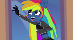 Size: 4321x2409 | Tagged: safe, artist:galacticflashd, derpibooru original, screencap, character:evil pie hater dash, character:rainbow dash, episode:secrets and pies, g4, my little pony: friendship is magic, my little pony:equestria girls, adorapiehater, breasts, busty rainbow dash, clothing, female, gloves, long gloves, makeup, reaching out, short shirt, show accurate, skirt, solo