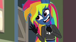 Size: 4321x2409 | Tagged: safe, artist:galacticflashd, derpibooru original, screencap, character:evil pie hater dash, character:rainbow dash, episode:secrets and pies, g4, my little pony: friendship is magic, my little pony:equestria girls, adorapiehater, breasts, busty rainbow dash, clothing, evening gloves, female, gloves, long gloves, makeup, open mouth, shirt, short shirt, show accurate, solo, talking, waving
