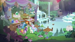 Size: 1920x1080 | Tagged: safe, screencap, character:maud pie, character:mudbriar, character:silverstream, character:starlight glimmer, character:sunburst, character:terramar, character:trixie, episode:student counsel, balloon, flower, maud's cave, mushroom, waterfall