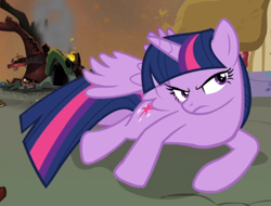Size: 812x618 | Tagged: safe, screencap, character:twilight sparkle, character:twilight sparkle (alicorn), species:alicorn, species:pony, episode:twilight's kingdom, g4, my little pony: friendship is magic, angry, cropped, cutie mark, destruction, determined, female, fire, frown, furious, glare, golden oaks library, looking at someone, lying down, mare, narrowed eyes, ruins, seething, solo, spread wings, twilight is not amused, unamused, wings