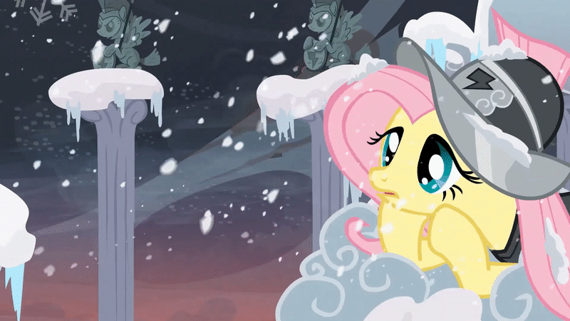 Size: 800x450 | Tagged: safe, screencap, character:fluttershy, character:rainbow dash, species:pegasus, species:pony, episode:hearth's warming eve, g4, my little pony: friendship is magic, animated, armor, commander hurricane, female, gif, helmet, private pansy, snow, snowfall, statue, wind