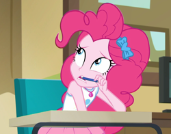 Size: 1194x934 | Tagged: safe, screencap, character:pinkie pie, equestria girls:holidays unwrapped, g4, my little pony:equestria girls, anxious, blizzard or bust, canterlot high, chair, classroom, cropped, cute, desk, diapinkes, female, geode of sugar bombs, magical geodes, pen, pen in mouth, solo, worried