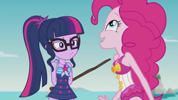 Size: 1920x1080 | Tagged: safe, screencap, character:pinkie pie, character:twilight sparkle, character:twilight sparkle (scitwi), species:eqg human, episode:friendship math, g4, my little pony:equestria girls, beach, beach babe, clothing, cute, diapinkes, duo, duo female, female, geode of sugar bombs, geode of telekinesis, glasses, happy, magical geodes, open mouth, sleeveless, smiling, smuglight sparkle, stick, swimsuit, twiabetes