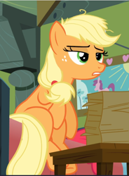 Size: 694x944 | Tagged: safe, screencap, character:applejack, species:earth pony, species:pony, episode:apple family reunion, g4, my little pony: friendship is magic, bed, cropped, female, freckles, lidded eyes, mare, messy mane, sitting, smiling, solo, tired