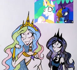 Size: 2540x2299 | Tagged: safe, artist:citi, screencap, character:princess celestia, character:princess luna, species:human, episode:between dark and dawn, g4, my little pony: friendship is magic, cute, cutelestia, duo, excited, eyebrows, eyebrows visible through hair, humanized, lunabetes, scene interpretation, screencap reference, surprised, traditional art