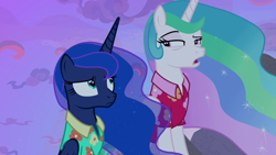 Size: 1920x1080 | Tagged: safe, screencap, character:princess celestia, character:princess luna, species:alicorn, species:pony, episode:between dark and dawn, g4, my little pony: friendship is magic, clothing, concerned, duo, ethereal mane, female, flowing mane, folded wings, hawaiian shirt, looking at each other, mare, narrowed eyes, open mouth, raised eyebrow, royal sisters, shirt, siblings, sisters, sitting, vacation, wings
