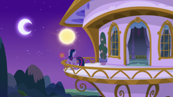Size: 1920x1080 | Tagged: safe, screencap, character:twilight sparkle, character:twilight sparkle (alicorn), species:alicorn, species:pony, episode:between dark and dawn, g4, my little pony: friendship is magic, amulet, balcony, jewelry, moon, night, solo, sun