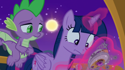 Size: 1920x1080 | Tagged: safe, screencap, character:spike, character:twilight sparkle, character:twilight sparkle (alicorn), species:alicorn, species:dragon, species:pony, episode:between dark and dawn, g4, my little pony: friendship is magic, amulet, broken, jewelry, night, sun, winged spike