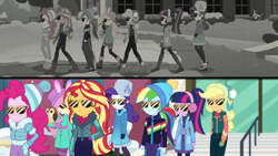 Size: 1920x1080 | Tagged: safe, screencap, character:applejack, character:fluttershy, character:pinkie pie, character:rainbow dash, character:rarity, character:sunset shimmer, character:twilight sparkle, character:twilight sparkle (scitwi), species:bird, species:eqg human, species:owl, equestria girls:holidays unwrapped, g4, my little pony:equestria girls, black and white, canterlot high, chad (owl), clothing, earmuffs, female, fluttershy's winter hat, grayscale, humane five, humane seven, humane six, imagine spot, jacket, monochrome, rarity's winter hat, snow, split screen, sunglasses, vest, winter break-in, winter coat, winter hat, winter jacket, winter outfit