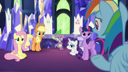 Size: 1920x1080 | Tagged: safe, screencap, character:applejack, character:fluttershy, character:rainbow dash, character:rarity, character:spike, character:twilight sparkle, character:twilight sparkle (alicorn), species:alicorn, species:dragon, species:earth pony, species:pegasus, species:pony, species:unicorn, episode:the last laugh, g4, my little pony: friendship is magic, cutie map, female, looking at each other, mare, open mouth, raised hoof, winged spike