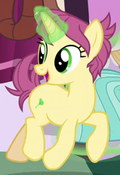 Size: 270x395 | Tagged: safe, screencap, character:yona, species:pony, species:unicorn, episode:the last problem, g4, my little pony: friendship is magic, background pony, clothing, cropped, dress, female, levitation, magic, mare, offscreen character, open mouth, smiling, solo focus, telekinesis, unnamed pony