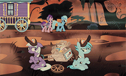 Size: 250x152 | Tagged: safe, screencap, character:appointed rounds, character:rainy day, character:starlight glimmer, character:trixie, species:pony, episode:on the road to friendship, animated, gif
