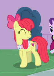 Size: 274x385 | Tagged: safe, screencap, character:apple bloom, species:earth pony, species:pony, episode:the last problem, g4, my little pony: friendship is magic, adorabloom, bow, cropped, cute, eyes closed, female, goldie delicious' scarf, hair bow, mare, offscreen character, older, older apple bloom, smiling, solo focus