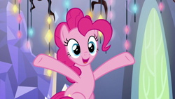 Size: 1920x1080 | Tagged: safe, screencap, character:pinkie pie, species:earth pony, species:pony, episode:the last laugh, g4, my little pony: friendship is magic, female, hooves in air, mare, open mouth, smiling, solo