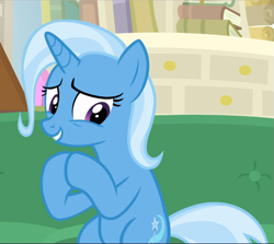 Size: 1053x940 | Tagged: safe, screencap, character:trixie, species:pony, episode:on the road to friendship, cropped, cute, diatrixes, hooves together, nervous, sitting, smiling, solo