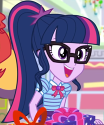 Size: 713x856 | Tagged: safe, screencap, character:sunset shimmer, character:twilight sparkle, character:twilight sparkle (scitwi), species:eqg human, equestria girls:holidays unwrapped, g4, my little pony:equestria girls, bow tie, canterlot mall, chair, clothing, collar, cropped, dashing through the mall, female, geode of telekinesis, gift box, glasses, jewelry, magical geodes, mall, ponytail, present, shirt, short sleeves, sitting, skirt, smiling, table