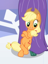 Size: 305x407 | Tagged: safe, screencap, character:applejack, species:earth pony, species:pony, episode:the crystal empire, g4, my little pony: friendship is magic, bipedal, bipedal leaning, cropped, crossed hooves, female, leaning, looking down, mare, smiling, solo