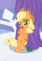 Size: 291x426 | Tagged: safe, screencap, character:applejack, species:earth pony, species:pony, episode:the crystal empire, g4, my little pony: friendship is magic, bipedal, bipedal leaning, cropped, crossed hooves, female, freckles, leaning, lidded eyes, mare, open mouth, solo