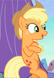 Size: 649x939 | Tagged: safe, screencap, character:applejack, species:earth pony, species:pony, episode:the crystal empire, g4, my little pony: friendship is magic, bipedal, bipedal leaning, cropped, crossed hooves, female, freckles, leaning, mare, open mouth, smiling, solo