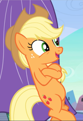 Size: 649x940 | Tagged: safe, screencap, character:applejack, species:earth pony, species:pony, episode:the crystal empire, g4, my little pony: friendship is magic, bipedal, bipedal leaning, cropped, crossed hooves, female, freckles, leaning, mare, open mouth, smiling, solo