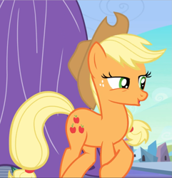 Size: 907x939 | Tagged: safe, screencap, character:applejack, species:earth pony, species:pony, episode:the crystal empire, g4, my little pony: friendship is magic, cropped, crossed hooves, female, freckles, lidded eyes, mare, open mouth, solo