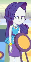 Size: 359x720 | Tagged: safe, screencap, character:rarity, equestria girls:holidays unwrapped, g4, my little pony:equestria girls, canterlot mall, chair, clothing, cropped, dashing through the mall, geode of shielding, magical geodes, rarity is not amused, skirt, unamused