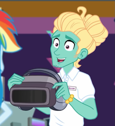 Size: 613x676 | Tagged: safe, screencap, character:rainbow dash, character:zephyr breeze, equestria girls:holidays unwrapped, g4, my little pony:equestria girls, cropped, dashing through the mall, male, offscreen character, vr headset